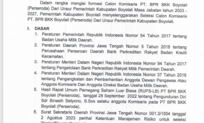 PENGUMUMAN SELEKSI KOMISARIS BPR BKK BOYOLALI DARI UNSUR PEMERINTAHAN KABUPATEN BOYOLALI TAHUN 2023